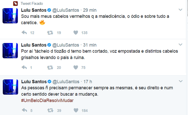 Lulu Santos responde internautas que criticaram seus cabelos vermelhos