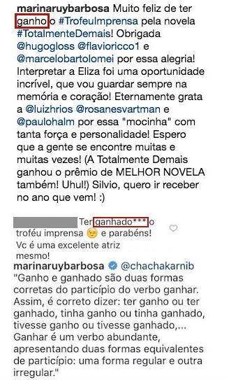 A atriz Marina Ruy Barbosa responde seguidor que corrigiu seu português