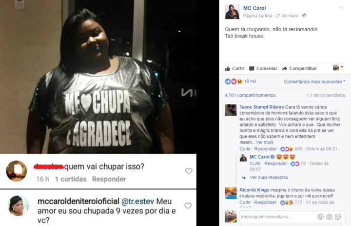 MC Carol usa camiseta em que está escrito “me chupa e agradece” e responde internauta preconceituoso