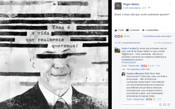 Roger Waters, ex-baixista do Pink Floyd, dá alfinetada em Michel Temer