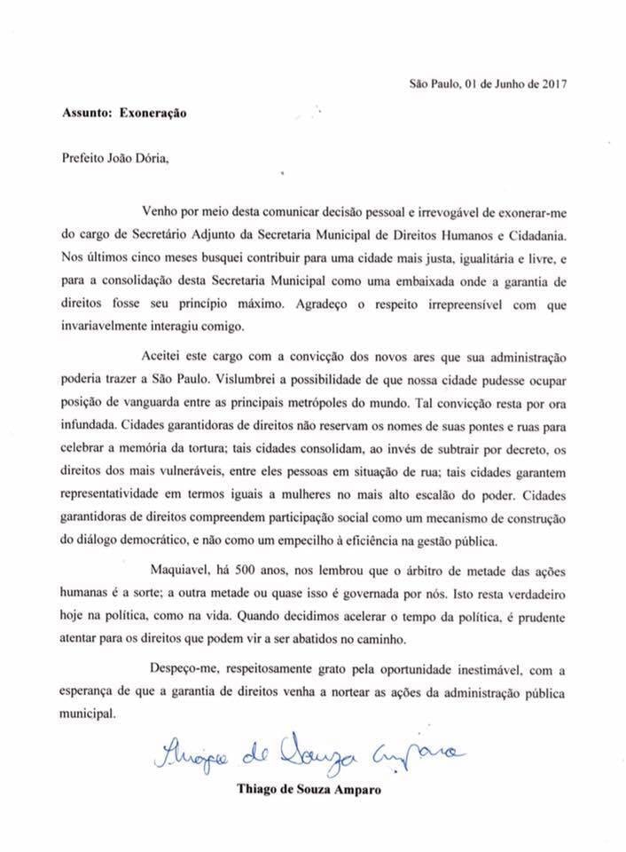 A carta de exoneração foi divulgada no Facebook do secretário-adjunto