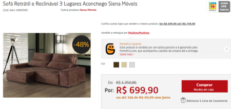 Sofá retrátil está com 48% OFF