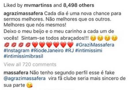 Grazi se irritou e comentou postagem de perfil falso