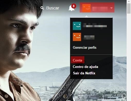 Na tela inicial da Netflix, clique sobre o seu nome de usuário e, em seguida, selecione “Conta”.