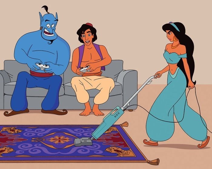 Jasmine limparia o tapete mágico enquanto o Gênio e Aladdin jogam videogame