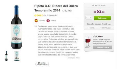 Garrafa de “Pipeta D.O. Ribera del Duero Tempranillo” está com 46% OFF