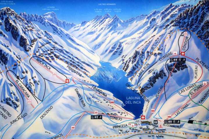 Mapa mostra as principais pistas de ski de Portillo