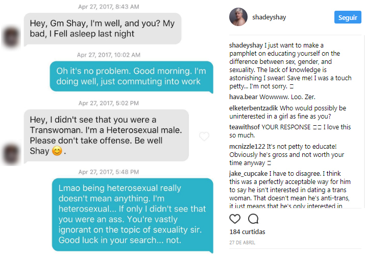 Shay Neary costuma receber várias mensagens transfóbicas em aplicativos de namoro