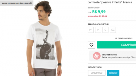 Camiseta “passive infinite” sai por R$ 9,99