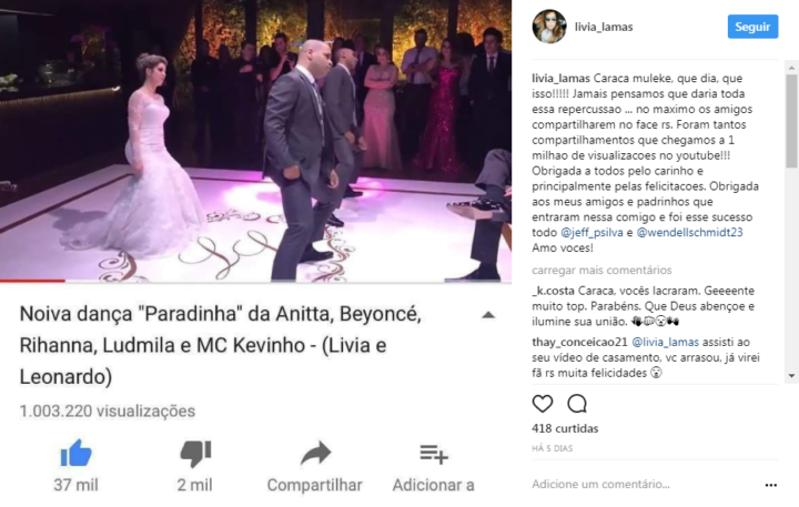 Lívia Lamas dança coreografias de Beyoncé, Anitta, Rihanna em outros em seu casamento