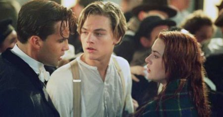 Billy Zane, Leonardo DiCaprio e Kate Winslet em cena de “Titanic”