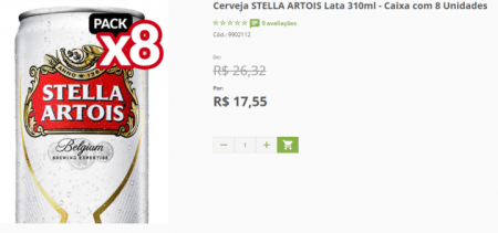 Caixa com 8 unidades da cerveja Stella Artois sai por R$ 17,55