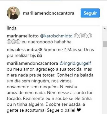 Cantora respondeu seguidora e disse que não sabia que ator era comprometido