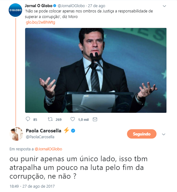 Paola Carosella questiona Sergio Moro