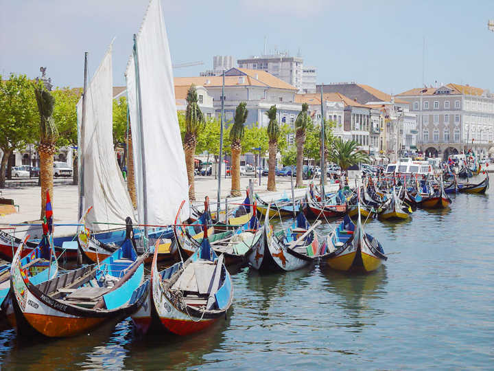 Moliceiros, barcos típicos de Aveiro, circulam pela ria da cidade