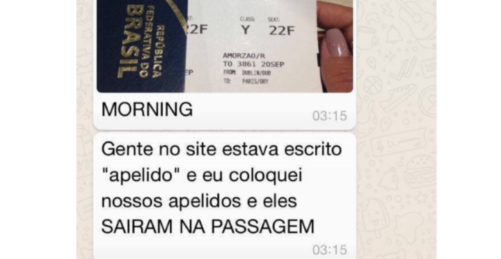 Segura o riso! Casal coloca apelidos íntimos em passagens aéreas