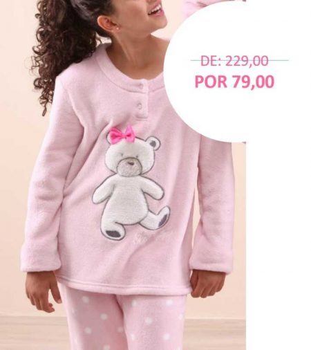 Pijama com estampa de ursinha com detalhe de laço e calça de poá