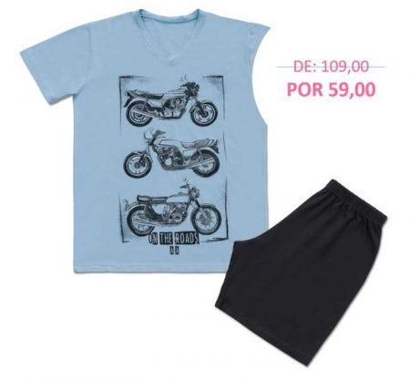 Pijama de manga curta e desenho de três modelos de motocicleta