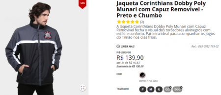 Jaqueta Corinthians Dobby Poly está com 53% OFF