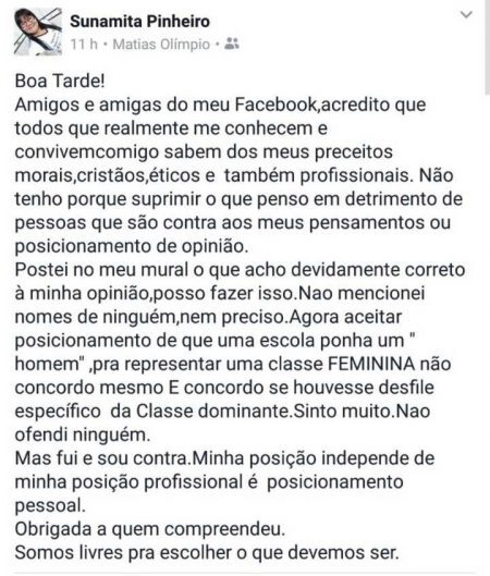 Segunda postagem da secretária em que ela afirma não ter sido preconceituosa