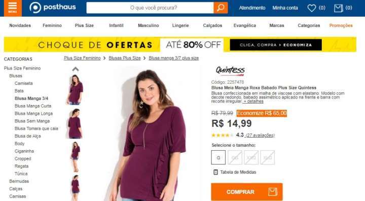 Posthaus vende blusa plus size por R$ 14,99