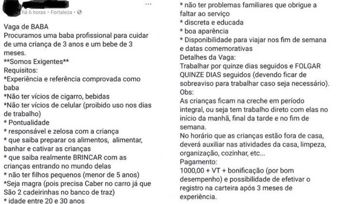 Babá posta em seu perfil anúncio para vaga de emprego gordofóbica