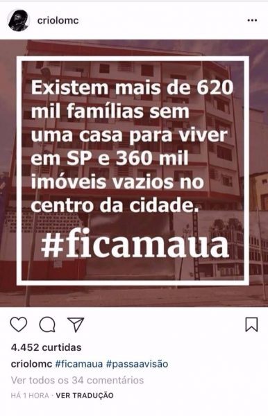 O rapper Criolo demonstrou sua solidariedade com a Ocupação Mauá em uma publicação no Instagram