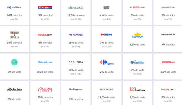 Os cashbacks atingem diferentes porcentagens