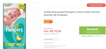 Pacote de fralda Palmpers com 40 unidades está com 50% OFF