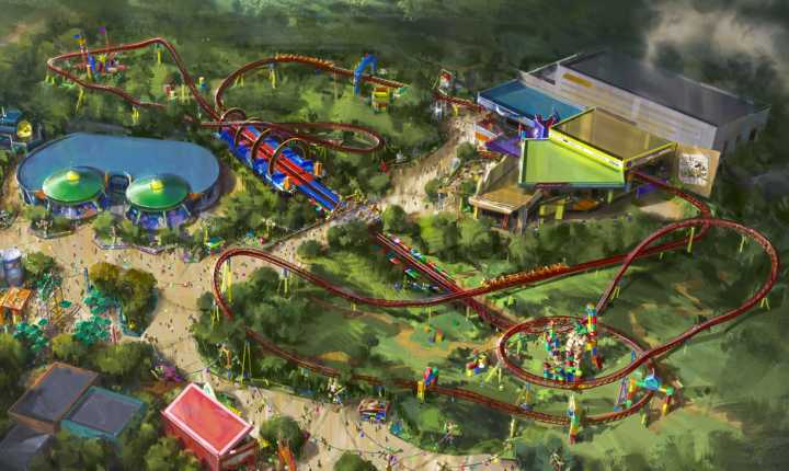 Vista aérea da nova Toy Story Land com inauguração prevista para o verão americano de 20018