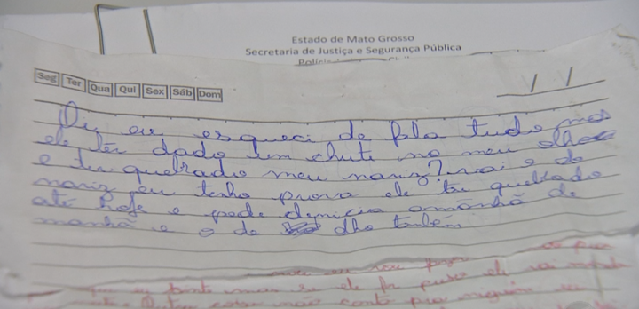 Trecho de carta-denuncia de garota que sofria agressões do pai