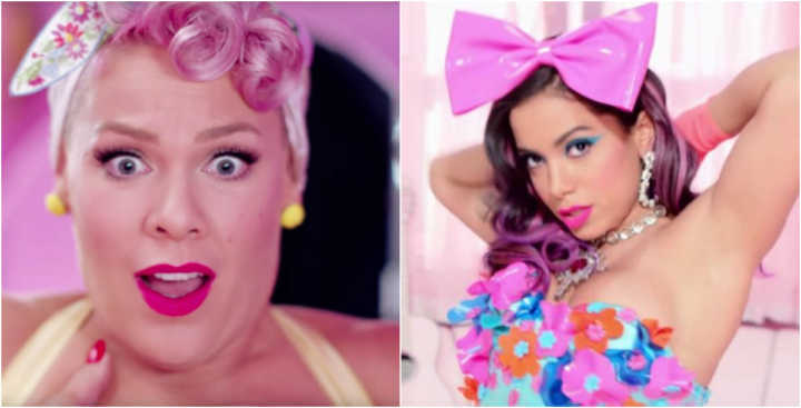 Pink e Anitta em seus respectivos clipes