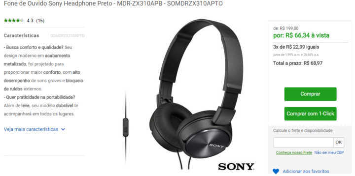 O fone original Sony sai de R$199 por R$66!