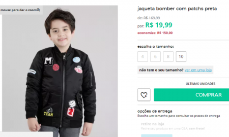 Jaqueta bomber infantil está com 88% OFF