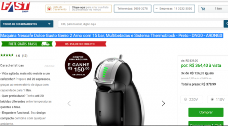 Pagamento via boleto tem 58% de desconto. além de bônus de R$ 150 em Cápsulas Dolce Gusto