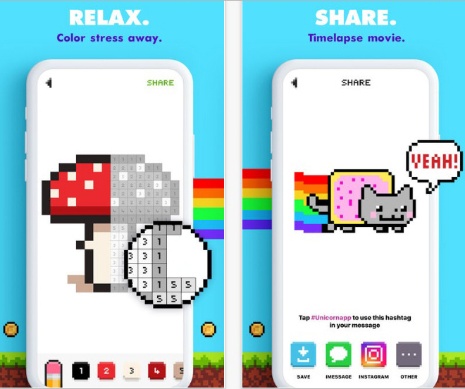 Opções de desenhos do Unicor Pixel Art, disponível para iPhone