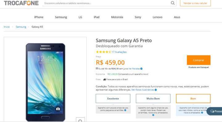 Ao comprar um Samsung Galaxy A5 Preto seminovo você economiza de R$ 1.240 em relação a um novo
