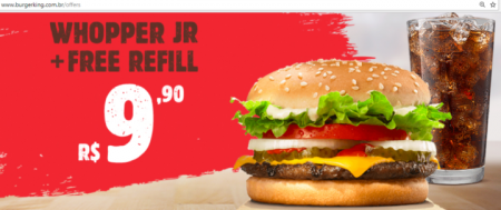 Vários combos em promoção, como o Whopper Jr + Free Refill por R$ 9,90