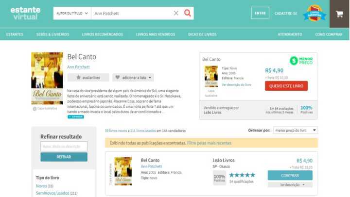 Livro “Bel Canto” de Ann Patchett é vendido a partir de R$ 4,90 na Estante Virtual