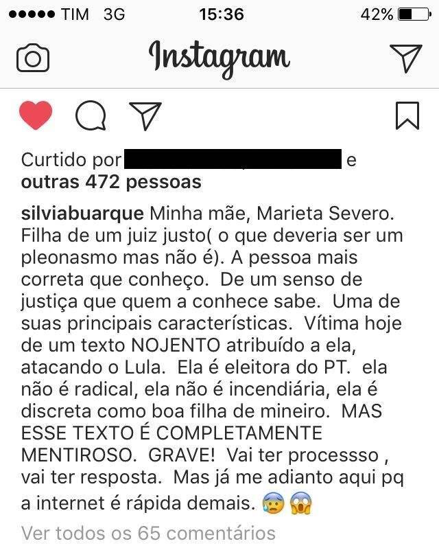 Postagem de Silvia Buarque de Hollanda no Instagram