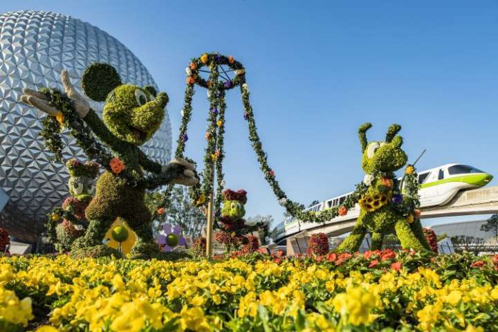 Topiárias do Mickey e seus amigos foram colocadas logo na entrada do Epcot em 2017