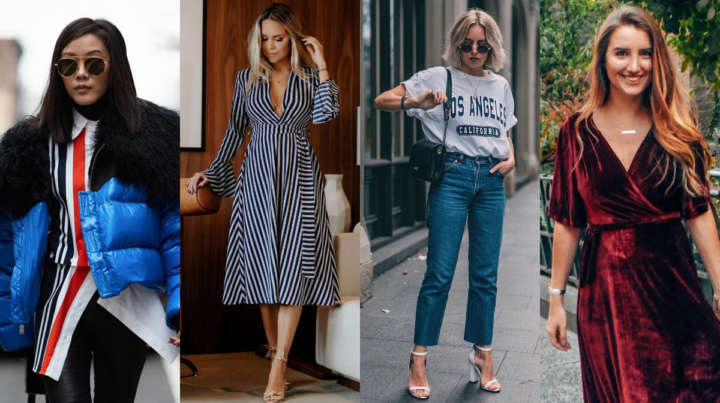 Jaqueta puffer azul, vestidos estilo midi listrado, calça mom jeans e vestido de veludo bordô, respectivamente