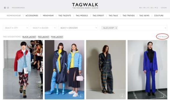 Em 37 páginas, o Tag Walk disponibiliza 578 opções de jaquetas azuis