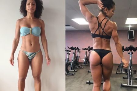 Corpo da bailarina antes e depois do processo de transformação que contou com dieta vegana e exercícios