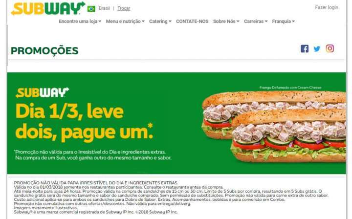 Subway faz promoção de pague 1 leve 2 no primeiro dia de março