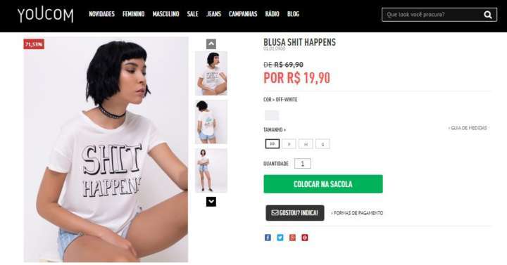 Camiseta é vendida no e-commerce da Youcom por menos de R$ 20