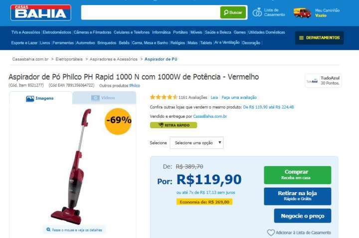 Aspirador de pó é vendido no e-commerce das Casas Bahia com até 69% de desconto