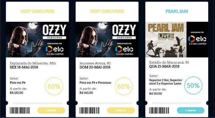 Ingressos para shows de Ozzy e Pearl Jam estão sendo vendidos na Tickets For Fun com no mínimo 50% de desconto