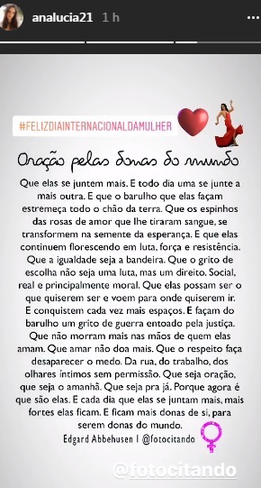 Mensagem de Ana Lúcia Vilela no Instagram Stories