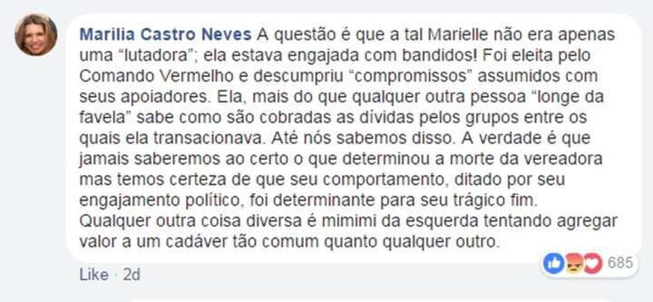 Post da desembargadora Marília Castro Neves com mentiras sobre Marielle Franco